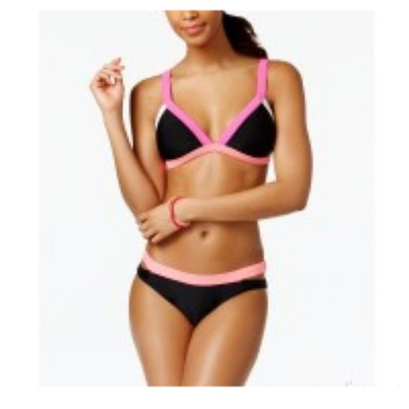 Hula Honey Black & Coral Contrast Triangle Bikini - Picture 1 of 4